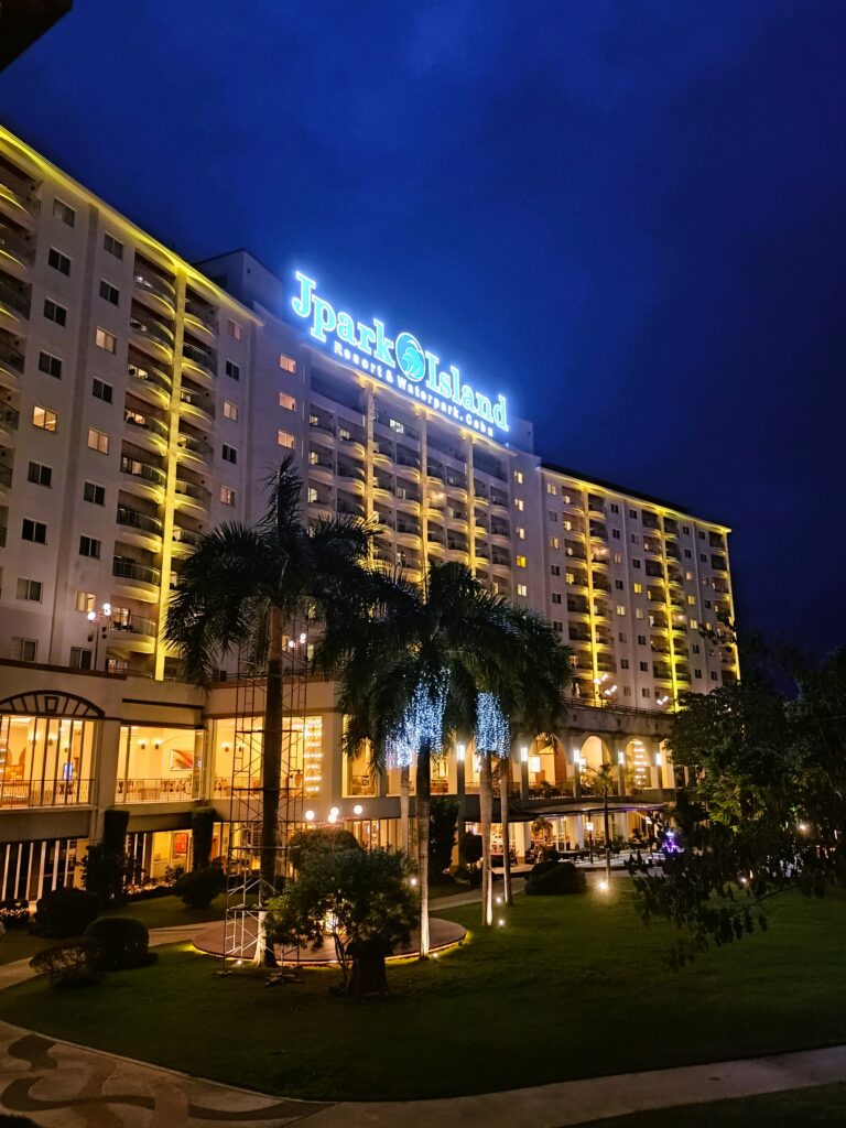 Image of Jpark Island Resort and Waterpark at night, back view