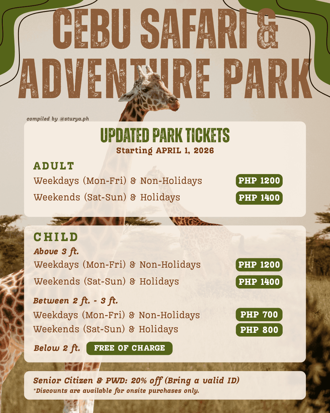 Updated Cebu Safari & Adventure Park ticket prices effective April 1, 2026