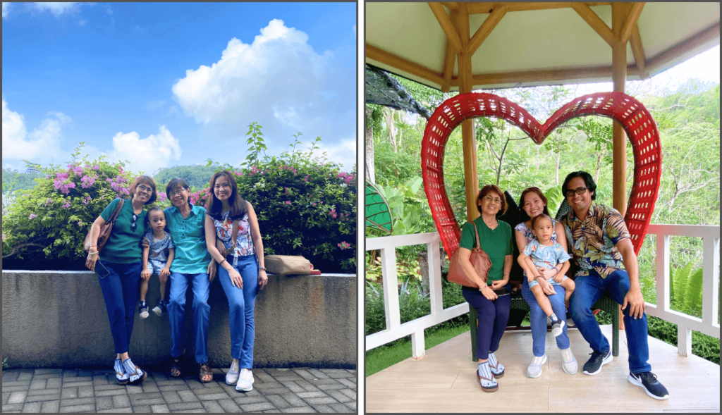 Family posing together at Cebu Safari Park with scenic views and heart-shaped frame