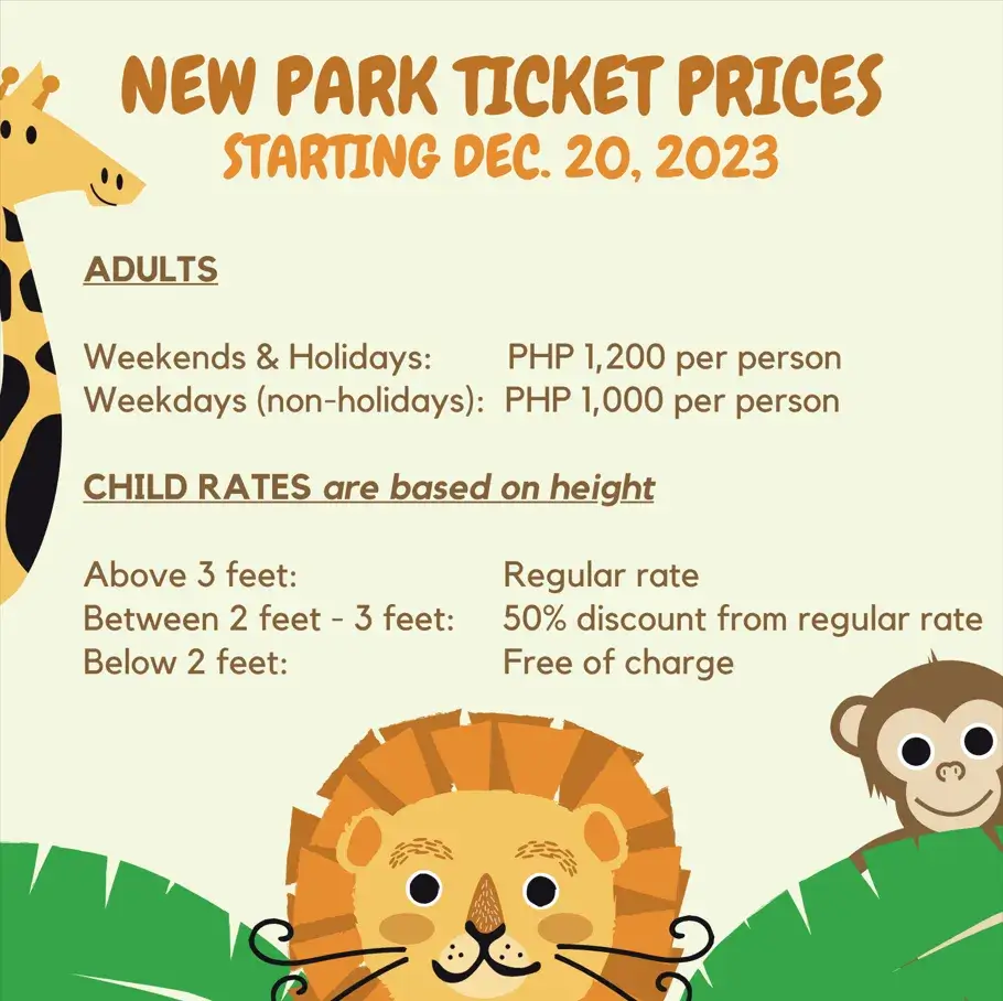 New park ticket prices effective December 20, 2023, with rates for adults and children based on height