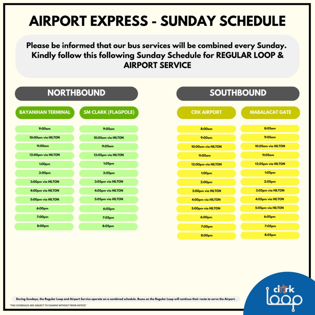 Clark Loop Airport Express Sunday Schedule for northbound and southbound trips between Bayanihan Terminal and CRK Airport
