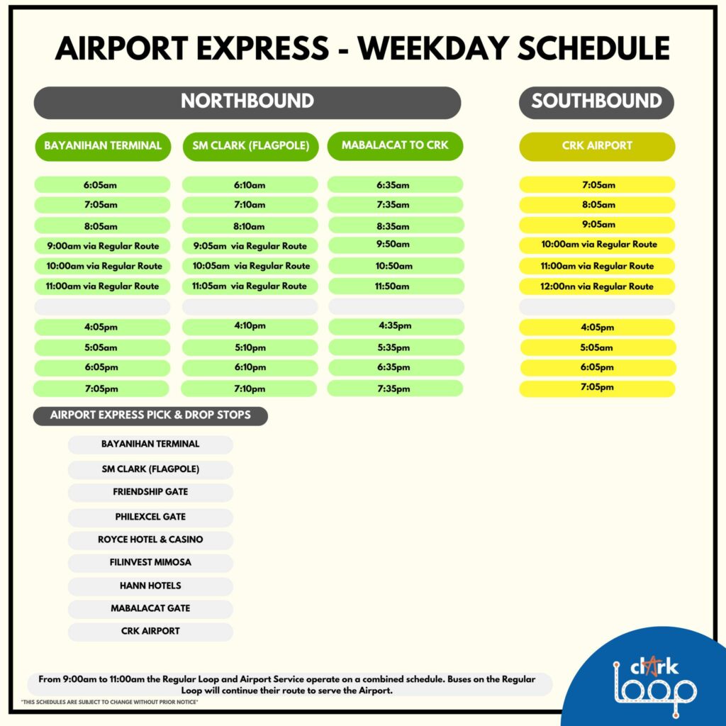 Clark Loop Airport Express Weekday Schedule listing trips from Bayanihan Terminal to CRK Airport