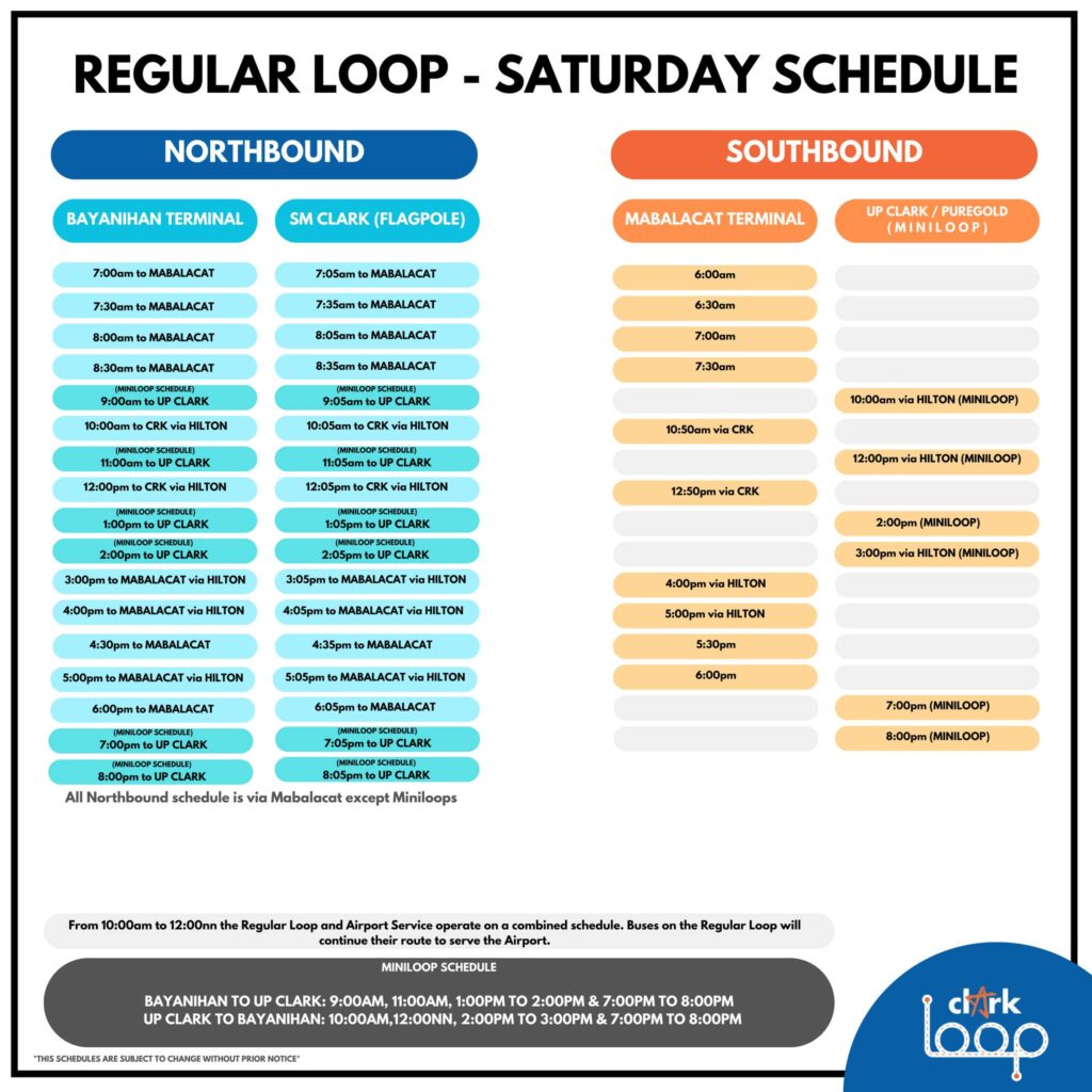 Clark Loop Regular Saturday Bus Schedule showing northbound and southbound timings for Bayanihan Terminal, SM Clark, and UP Clark