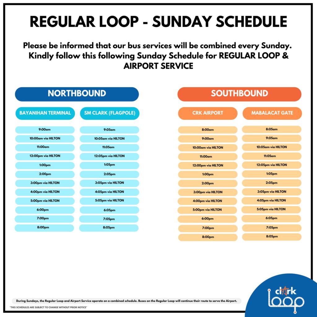 Clark Loop Regular Sunday Schedule for northbound and southbound routes including SM Clark and CRK Airport