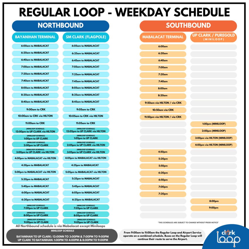 Clark Loop Regular Weekday Bus Schedule for northbound and southbound routes including Bayanihan Terminal, SM Clark, and Mabalacat stops