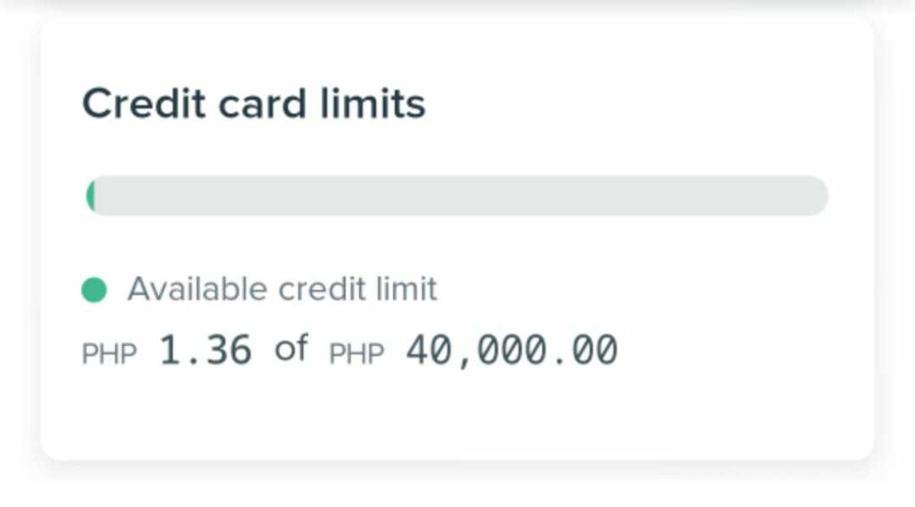 Screenshot showing an available credit limit of PHP 1.36 out of PHP 40,000.00 before a family trip to Clark Pampanga