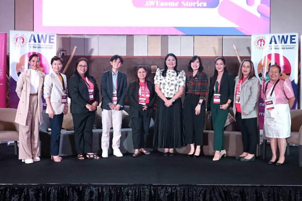 Seven notable AWE Philippines graduates on stage for AWEsome Stories panel including Kookie Reyes, Corrs Valenton, and other successful women entrepreneurs