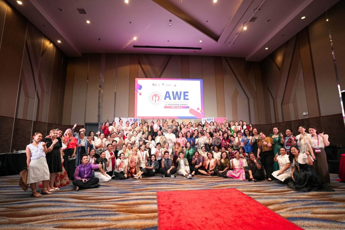 AWE Philippine Summit 2025 Gala Night featuring 100 women entrepreneurs in traditional Filipino attire on red carpet at Quezon City venue