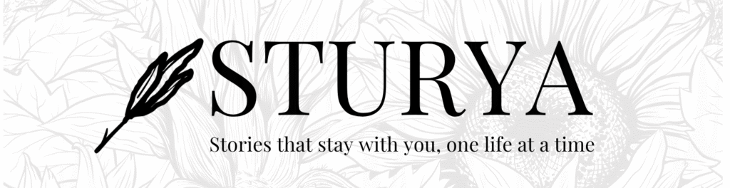 Sturya logo, a black feather quill beside the wordmark STURYA with the tagline Stories that stay with you, one life at a time, on a transparent background.
