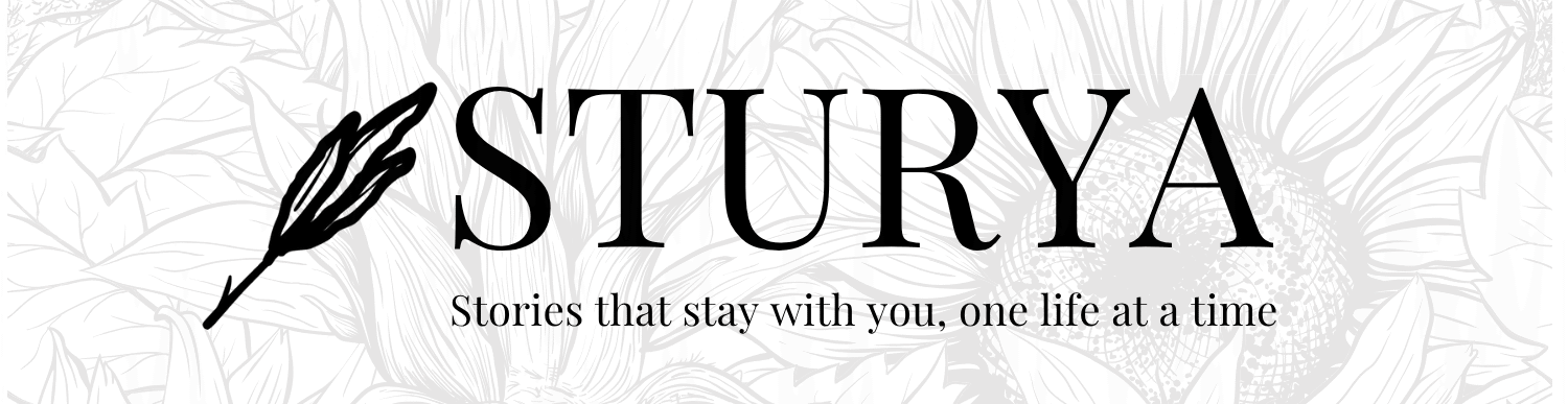 Sturya logo, a black feather quill beside the wordmark STURYA with the tagline Stories that stay with you, one life at a time, on a transparent background.