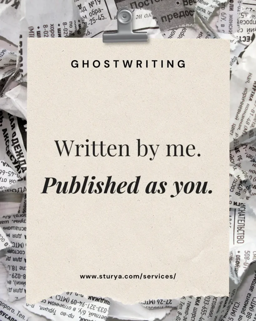 Ghostwriting graphic on torn newspaper, reading "Written by me. Published as you."